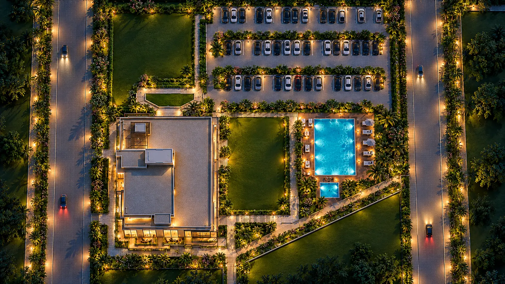 Night aerial artistic visualization of the LEAN Valley Clubhouse